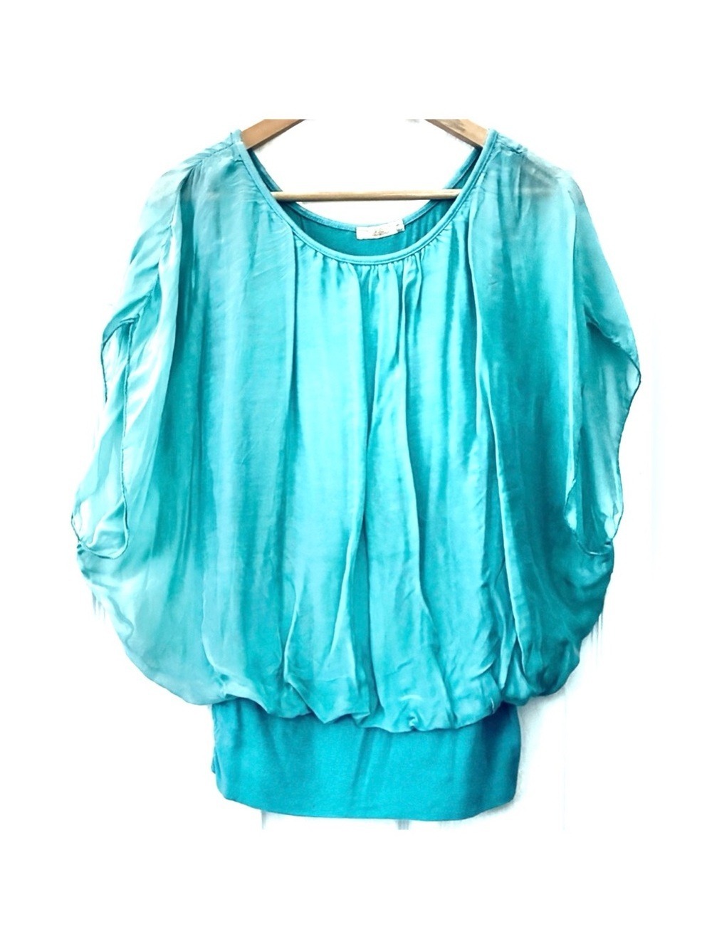 GIUSY Italy Teal/Aqua Blue Silk Blend Airy Bubble Hem Top Women’s Large - Picture 3 of 7